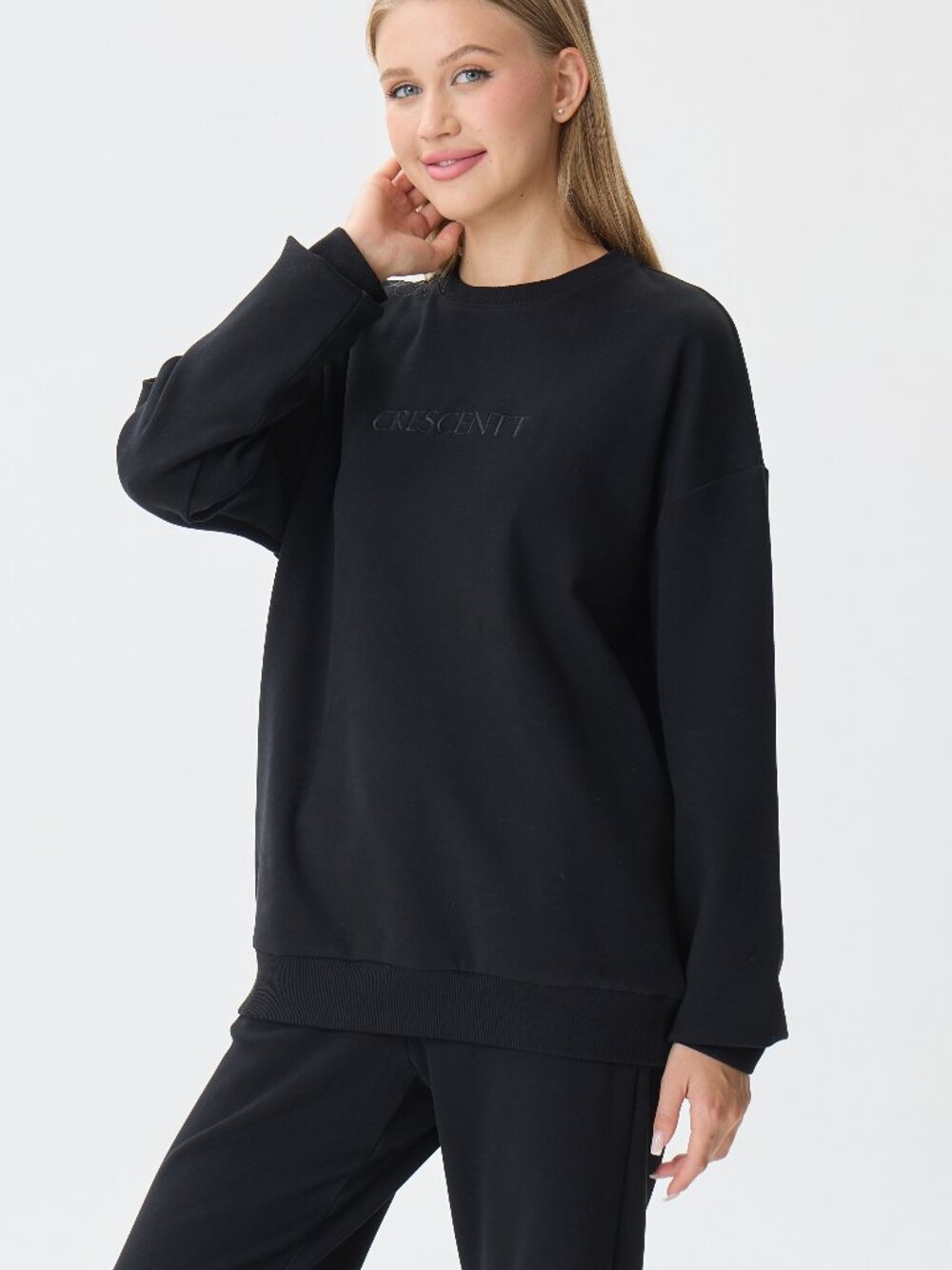 Crescentt Black Lounge Set Soft Cotton Fleece Matching Set Cozy Loungewear